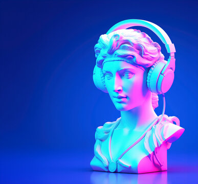 Antique head statue with headphones. Neon colors, cyan and pink. Retro futurism background. AI generated image
