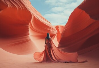 Fashionable woman in a long pastel red dress in the rocky mountains. Surreal fashion background. AI generated image