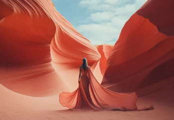 Wandcirkels plexiglas Fashionable woman in a long pastel red dress in the rocky mountains. Surreal fashion background. AI generated image © Neeqolah