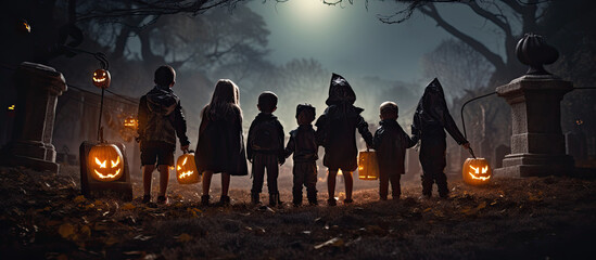 Rear view of children dressed up in costume for Halloween. - obrazy, fototapety, plakaty