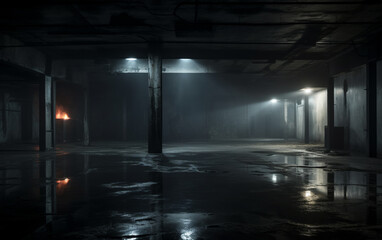 Fototapeta premium Dark and dark room wall with cement reflective floor, smoke and dim light