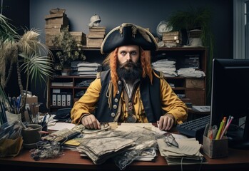 Pirate working at the office desk. Funny labor day concept. Ai generated image