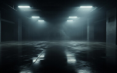 Dark and dark room wall with cement reflective floor, smoke and dim light