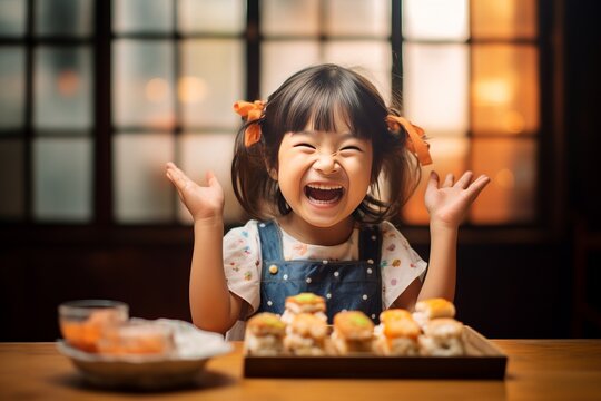 cute little cheerful asian girl happy about many sushi rolls in front of her ready to eat them