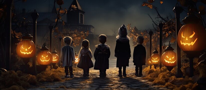 Rear view of children dressed up in costume for Halloween.