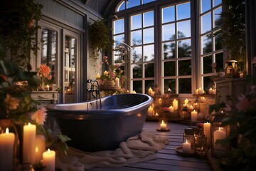cozy modern luxurious interior of a bathroom with tall windows: bathtub, and many candles in the evening