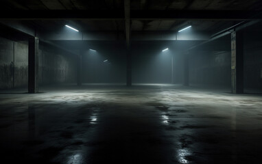 Dark and dark room wall with cement reflective floor, smoke and dim light