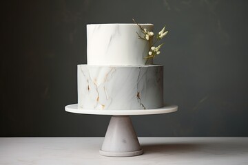 Wedding cake decorated like marble with flowers and leaf on a gray background.