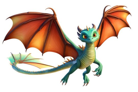 Illustration of a flying dragon cartoon on white background inspired by Pixar Disney