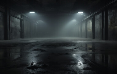 Dark and dark room wall with cement reflective floor, smoke and dim light