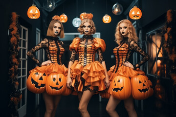 Three beautiful female models in creative orange costumes and party makeup. Halloween celebration concept.
