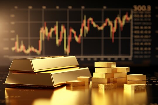 golden bars a pieces of gold representing stock market investments, a graph with stocks and bonds progression development. Financial market concept