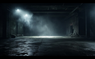 Dark and dark room wall with cement reflective floor, smoke and dim light