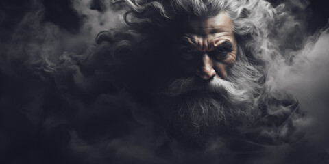 Portrait of a old mysterious man with a long beard and mustache in a black cloak in the dark smoke - obrazy, fototapety, plakaty