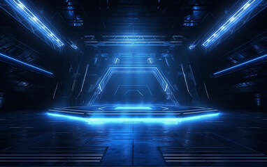 Dark Studio Warehouse Laser Led Glowing Studio Lights Stage Concert Showroom Podium Virtual Night Blue Cyber Alien Spaceship 3D 