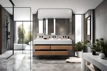 Create a contemporary bathroom with minimalistic elegance and high-tech fixtures. 