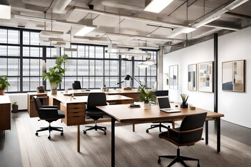 Produce a mid-century modern office space featuring minimalist elegance and timeless design. 