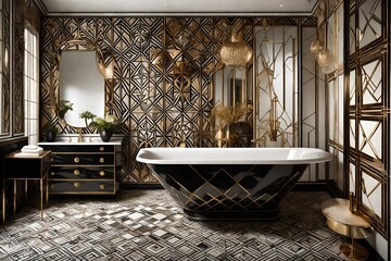 Design an Art Deco-inspired bathroom with opulent materials and geometric patterns. 