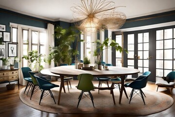 Create an eclectic dining room showcasing a diverse collection of unique decor pieces. 