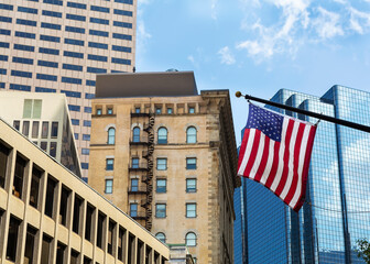 American National Flag and Boston Downtown Buildings, Massachusetts, USA