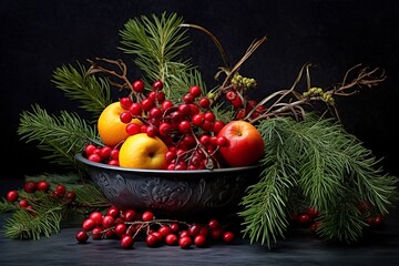 Christmas still life with apples, rowan berries and pine branches