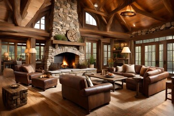 Produce a rustic living room with a stone fireplace and comfortable, cabin-like charm. 