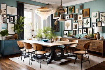 Create an eclectic dining room showcasing a diverse collection of unique decor pieces. 
