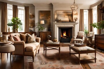 Create a cozy traditional living room with a fireplace and antique furnishings. 