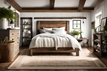 Produce a farmhouse bedroom with a mix of vintage and modern farmhouse elements. 