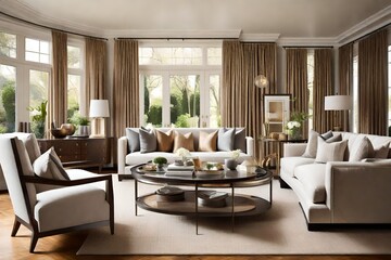 Create a transitional living room with a mix of classic and contemporary furnishings. 