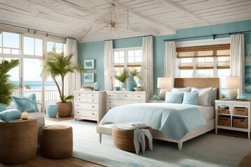 Craft a coastal-inspired bedroom with beachy colors, natural materials, and a serene atmosphere. 