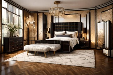 Craft an Art Deco bedroom with sleek lines and a touch of 1920s elegance. 