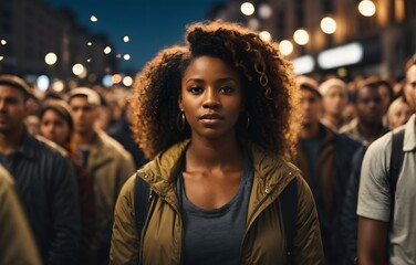 Portrait of a beautiful black African american young woman  in crowd of people on city streets 