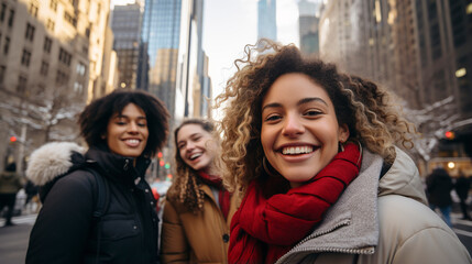 Young women taking selfie photo. Portrait of beautiful young women with curly hair in New york....