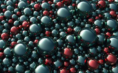 A pattern of green and red Christmas balls, lying tightly on a flat surface, top view