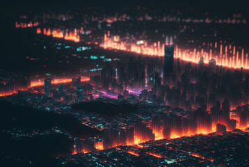 Fototapeta na wymiar Abstract neon city aerial view. Technology concept of night cityscape with blue lights in synthwave style.