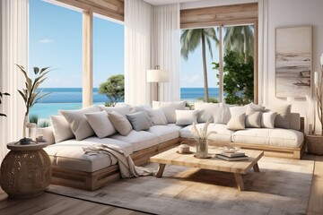 Fototapeta na wymiar Relaxing Living Room by the Sea. Generative Ai