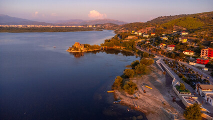 Aerial drone view of Shiroka Lake at sunset near Shkoder. Albania