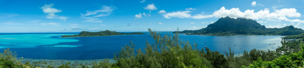 Bora Bora, Panorama with Mount Otemanu, Toopua Island, Vaitape and Nunue from TV Tower Lookout