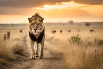 lion in the sunset generated ai - obrazy, fototapety, plakaty