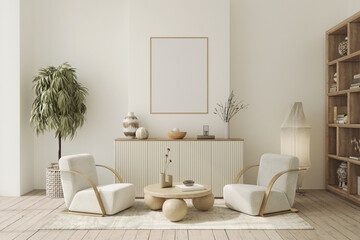 Contemporary interior design of the living room in soft neutral tones. Interior mockup, 3d render
