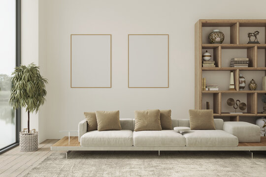 Contemporary interior design of the living room in soft neutral tones. Interior mockup, 3d render