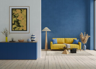 Modern mock up interior design of cozy living room with blue decorative elements, 3d rendering