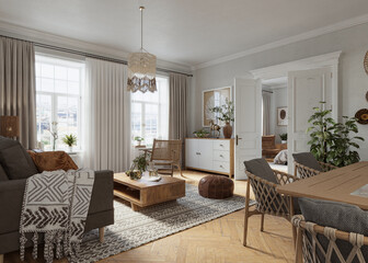 Scandinavian interior of modern apartment with trendy wood furniture, poster frames, ethnic decor and elegent accessories, 3d render 
