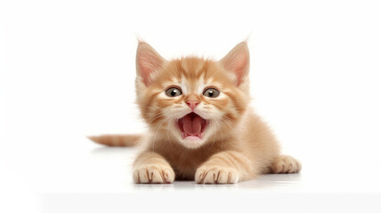 Small, red kitten on a white background. AI generated.