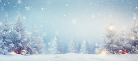 winter blurred background. Xmas tree with snow decorated with garland lights, holiday festive background. Widescreen backdrop