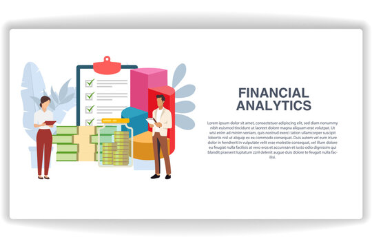 Two people are analyzing finances. website page Financial Analytics. Modern flat design concept of web page design for website and mobile website