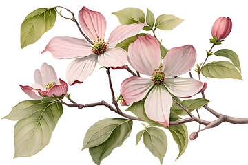 Pink dogwood branch in bloom or Cornus florida, Watercolor illustration