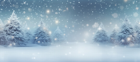 Naklejka premium winter blurred background. Xmas tree with snow decorated with garland lights, holiday festive background. Widescreen backdrop