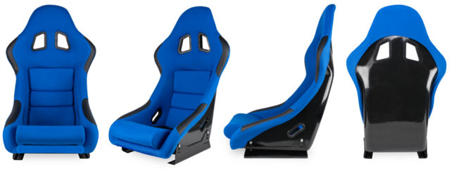 set collection of blue black carbon fiber motorsport race car tuning  sim racing bucket seat isolated white background